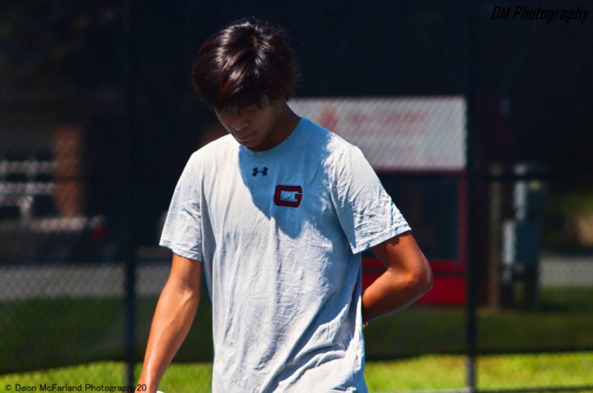 Guilford men’s tennis player Evan Wong at the team’s Sept. 16, 2023 match against Emory & Henry.