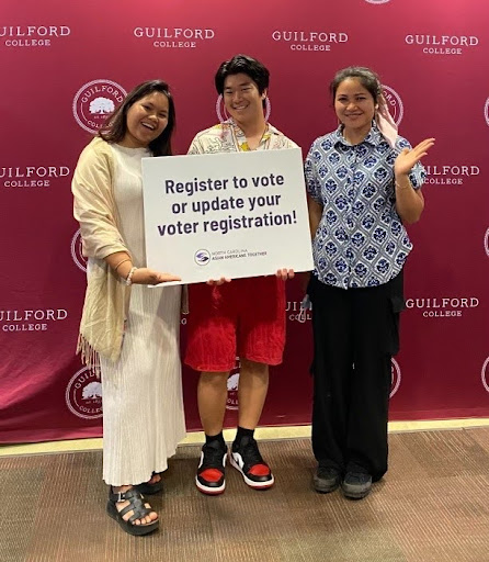  Quake the Vote’s August Hutchins (center) teamed up with North Carolina Asian Americans Together to engage Guilford students in voting registration through fun activities like 'Ramen and Registration,' showing them they could complete a voter registration card faster than it takes to cook a bowl of ramen.
