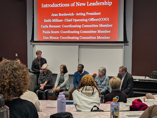 Guilford College new temporary leadership greets the community at GSBA's annual community meeting on January 8th, 2025. From Left to Right Clara Brenner, Jean Bordewich, Keith Miller, Paula Sours and Dan Mosca.